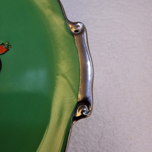 Hand Painted Silver Trimmed Scalloped Floral Vanity Trinket Candy Plate - Picture 4 of 15